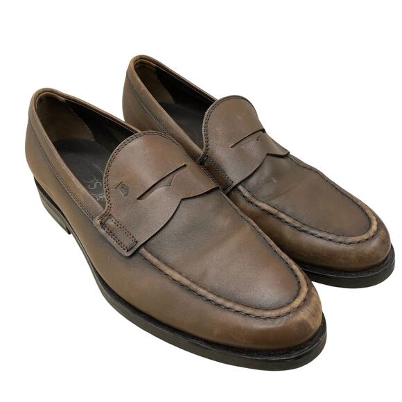 Tods Shoes Mens 8.5 Brown Leather Penny Loafers Made in Italy Classic Slip On - Picture 1 of 12